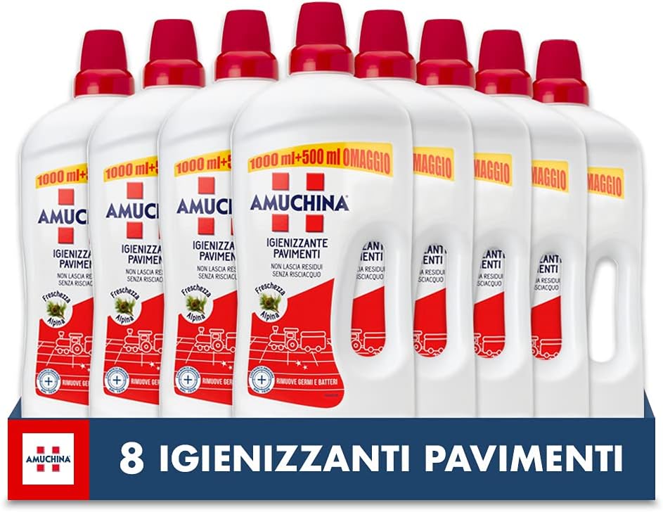 8x Amuchina Detersivo Igienizzante Pavimenti Freschezza Alpina Flaconi da 1.5 LT.