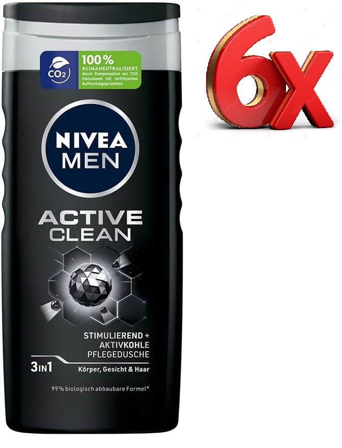 6x Nivea Doccia Men Active Clean 250Ml Doccia Shampoo Gel Doccia Uomo 08414.