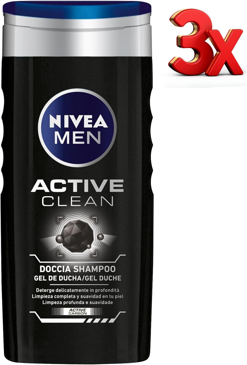 3x Nivea Doccia Men Active Clean 250Ml Doccia Shampoo Gel Doccia Uomo 08414.
