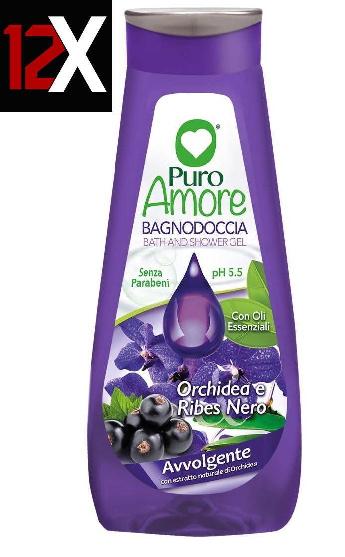 12x Puro Amore Bagnodoccia Orchidea e Ribes Nero 750 ml pH 5.5 Senza Parabeni.