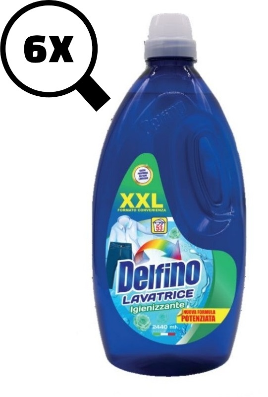 6x Delfino Detersivo Liquido Igienizzante XXL per Lavatrice 53 Misurini 2440ml.