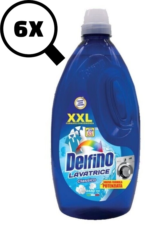 6x Delfino Detersivo Liquido Classico XXL per Lavatrice 53 Misurini 2440ml.