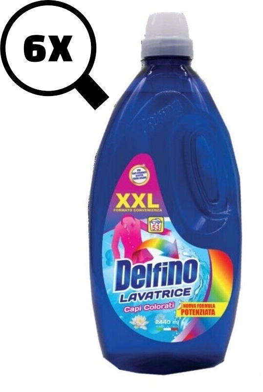 6x Delfino Detersivo Liquido XXL Per Capi Colorati Lavatrice 53 Misurini 2440ml.