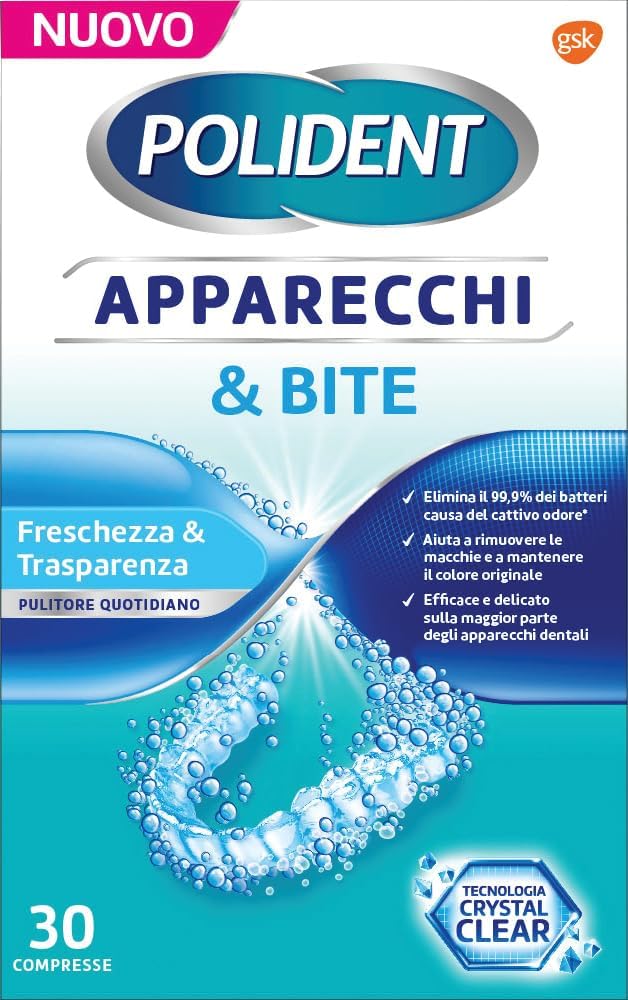 Polident Apparecchi & Bite 30 Compresse Freschezza & Trasparenza.