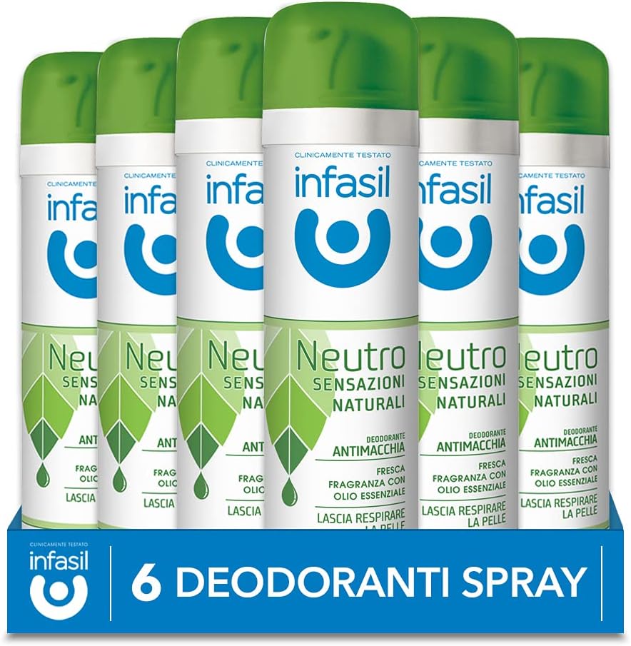 6pz Infasil Neutro Deo Spray Antimacchia Fragranza Olio Essenziale 150ml